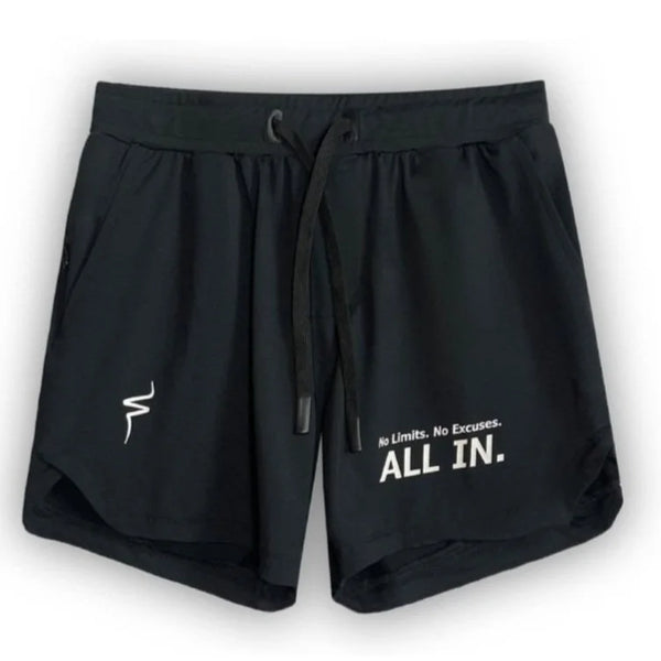 Black shorts with motivational text and white No Straight Path® logo on a white background
