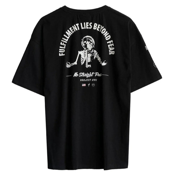 Black t-shirt with white graphic design on a white background