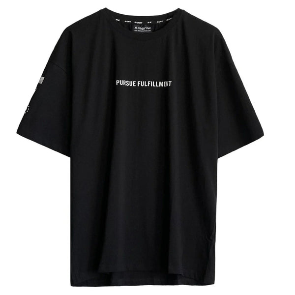 Black t-shirt with 'Pursue Fulfillment' text on a white background