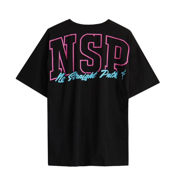 Black t-shirt with pink and blue text on a white background