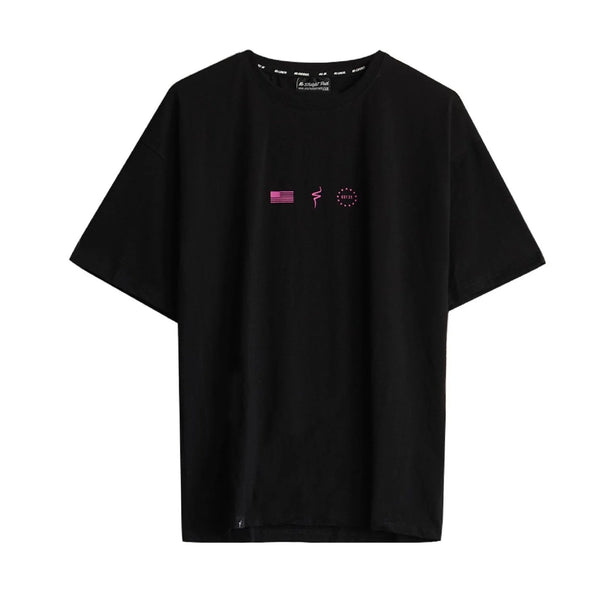 Black t-shirt with pink graphic design on a white background