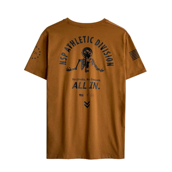 Brown t-shirt with graphic design and text on a white background