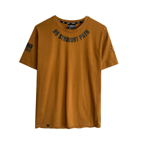 Brown t-shirt with No Straight Path® text on a white background