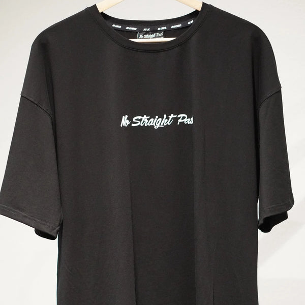 Black t-shirt with 'No Straight Path' text on a white background