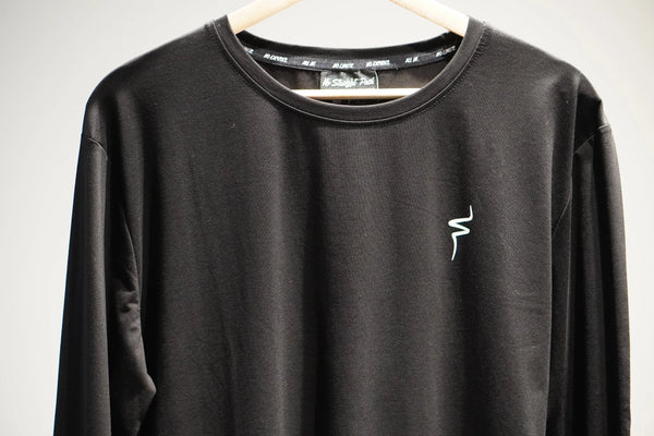 Black long-sleeve shirt with a white No Straight Path® logo on a hanger against a light gray background