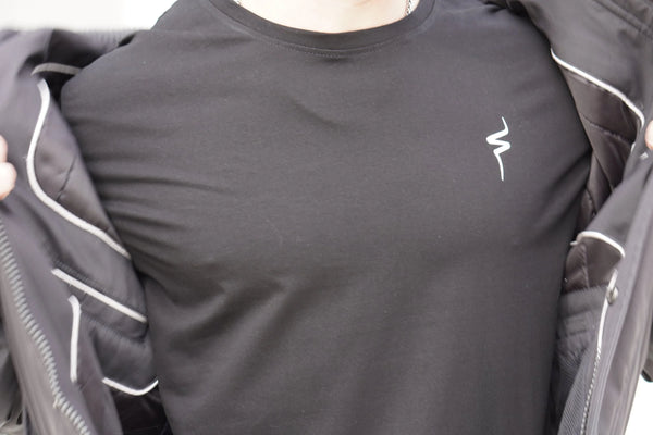 Black t-shirt with a No Straight Path® logo on a white background