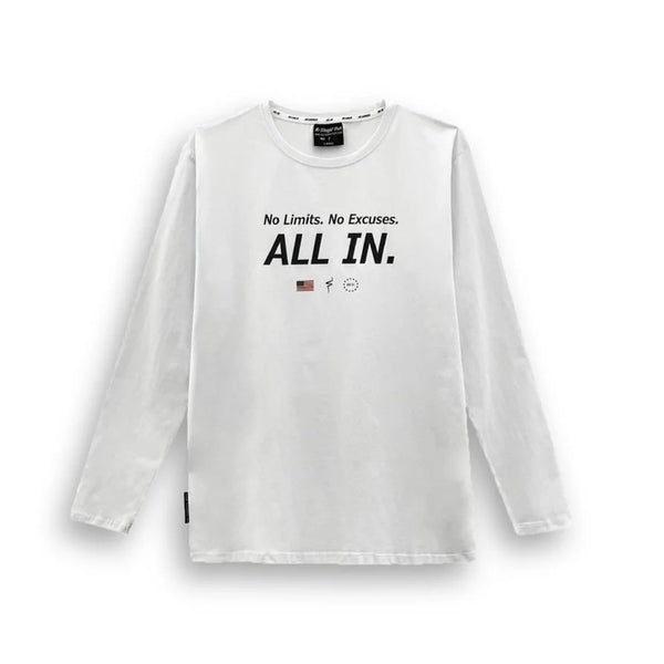 White long-sleeve shirt with motivational text on a white background