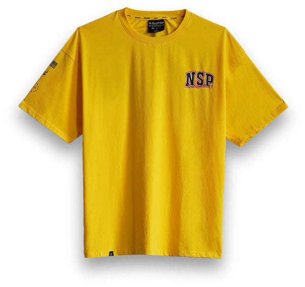 Yellow t-shirt with 'NSP' logo on a white background