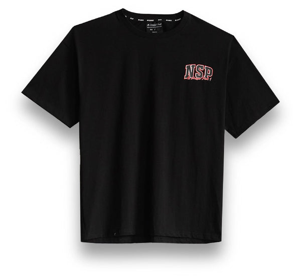 Black t-shirt with a red and white logo on a white background