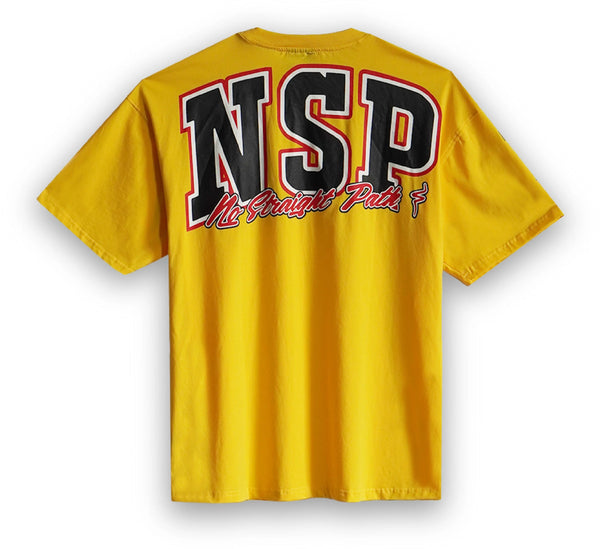 Yellow t-shirt with 'NSP' logo on a white background