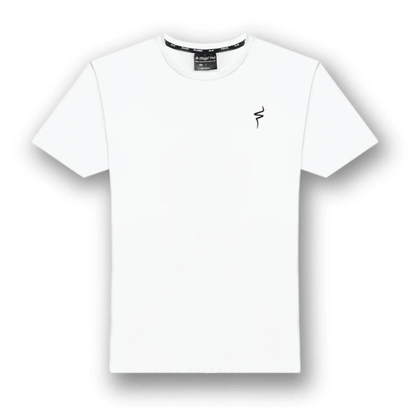 White t-shirt with a small black No Straight Path® logo on a white background