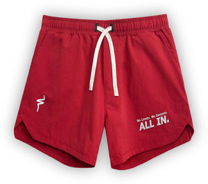 Red shorts with a white drawstring and text on a white background