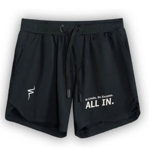 Black shorts with motivational text and white No Straight Path®  logo on a white background
