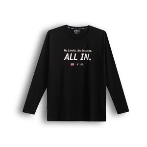 Black long-sleeve shirt with motivational text on a white background