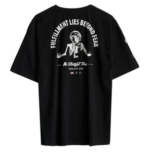 Black t-shirt with white graphic design on a white background