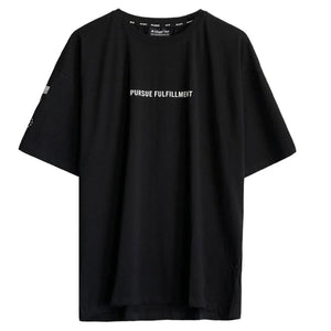 Black t-shirt with 'Pursue Fulfillment' text on a white background