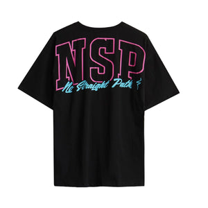 Black t-shirt with pink and blue text on a white background