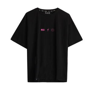 Black t-shirt with pink graphic design on a white background