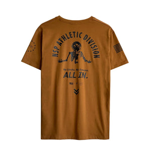 Brown t-shirt with graphic design and text on a white background