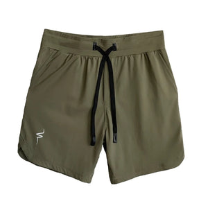 Olive green shorts with a black drawstring on a white background