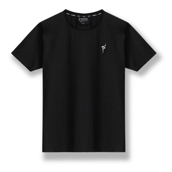 Black t-shirt with a small white No Straight Path® logo on a white background
