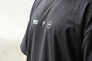 Black t-shirt with No Straight Path® logos on a plain background