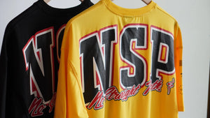 Black and yellow tee shirts with 'NSP' branding on a white background