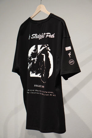 Black t-shirt with white graphic design on a hanger against a gray background