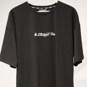 Black t-shirt with 'No Straight Path' text on a white background