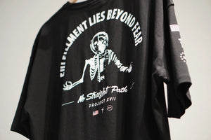 Black t-shirt with white skeleton graphic design and text on a plain background