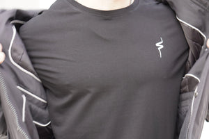 Black t-shirt with a No Straight Path® logo on a white background