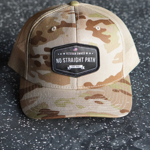 Camouflage-patterned cap on a textured surface