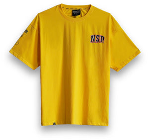 Yellow t-shirt with 'NSP' logo on a white background