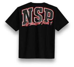 Black t-shirt with 'NSP' and No Straight Path® text on the back against a white background