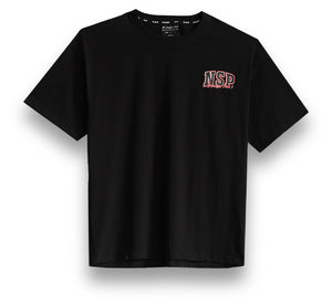 Black t-shirt with a red and white logo on a white background