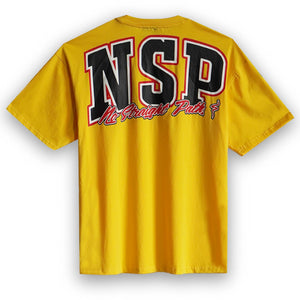 Yellow t-shirt with 'NSP' logo on a white background