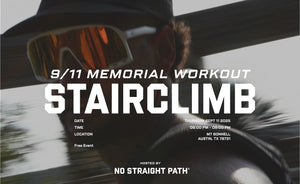 Promotional graphic for a 9/11 Memorial Workout Stairclimb event with a person wearing goggles.