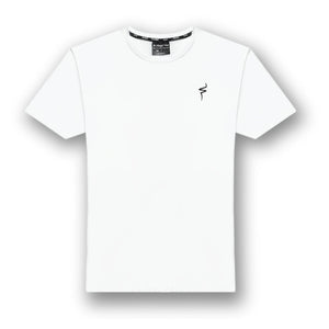 White t-shirt with a small black No Straight Path® logo on a white background
